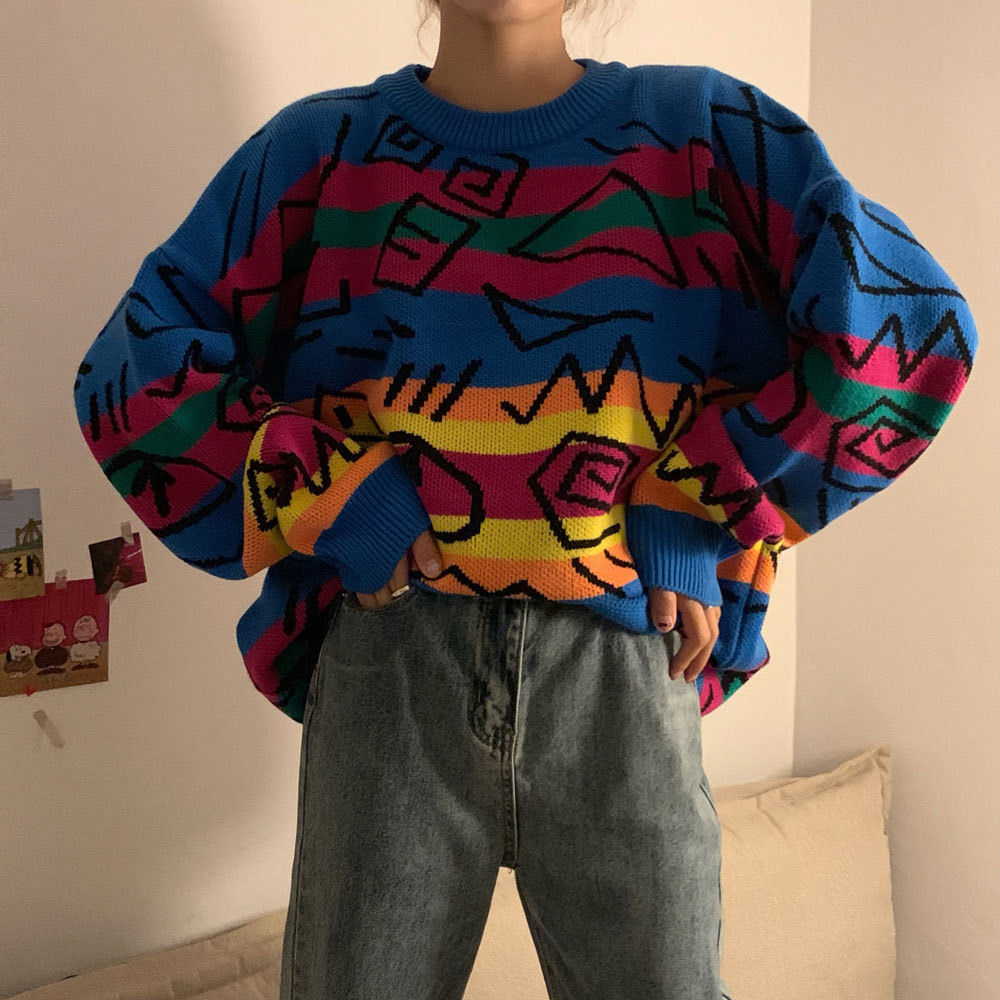 2020 Casual Style Loose Pull Femme Graffiti Lover Rainbow Striped Knit Sweater O Neck Long Sleeve Patch Pulllover, Rainbow color
2020 Casual Style Loose Pull Femme Graffiti Lover Rainbow Striped Knit Sweater O Neck Long Sleeve Patch Pulllover, Rainbow color