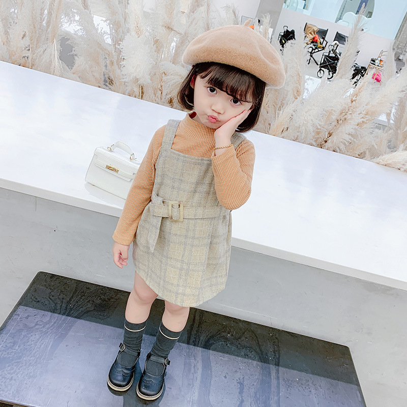 Korean Two Piece Set Baby Girls Knitted T-shirt + Suspender Dress Plaids Outfits Streetwear Toddler Kids Clothes 1 to 6 yrsX1019