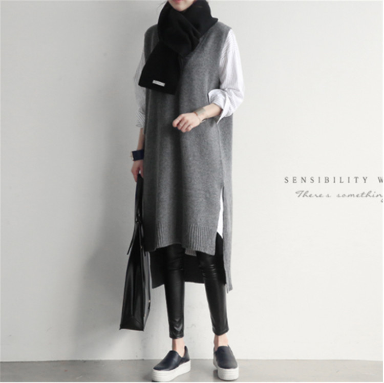 Korean INS wind sweater vest short front and back long vest skirt knitted V-neck thickened mid-length sweater skirt 201203