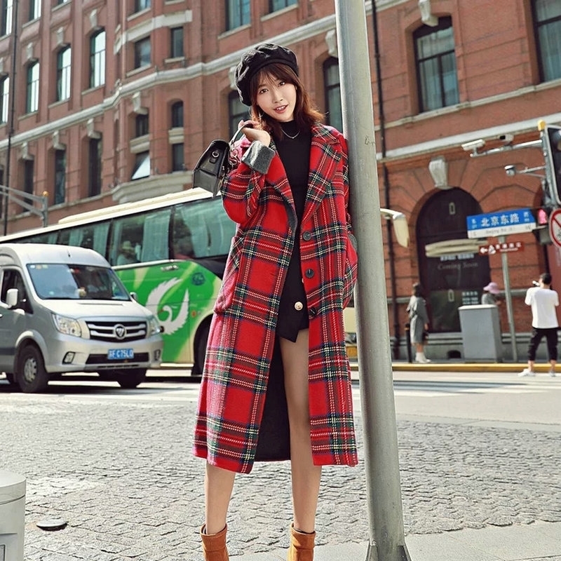 New Arrival Women Red Plaid Blend Wool Coat Casual Single Button Thick Warm With Pocket Elegant Long Fashion Feminine Outwear 201102