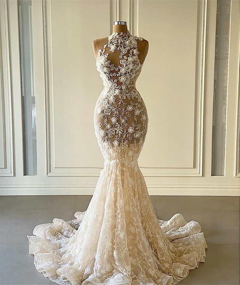Floral Mermaid Wedding Dresses High Neck Appliqued Lace Beads Sleeveless Bridal Gowns Hand Made Flower Custom Made Vestidos De Novia