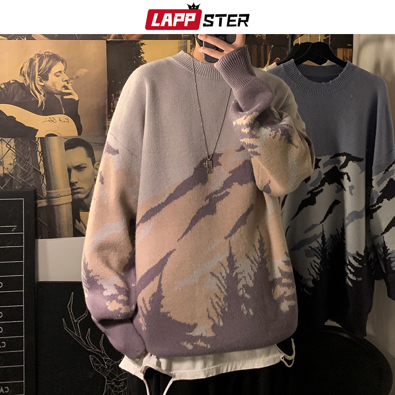 LAPPSTER Japanese Streetwear Men Tie Dye Wool Sweater Autumn Pullover Mens Hip Hop Knitted Sweaters Couple Vintage Sweaters 201221