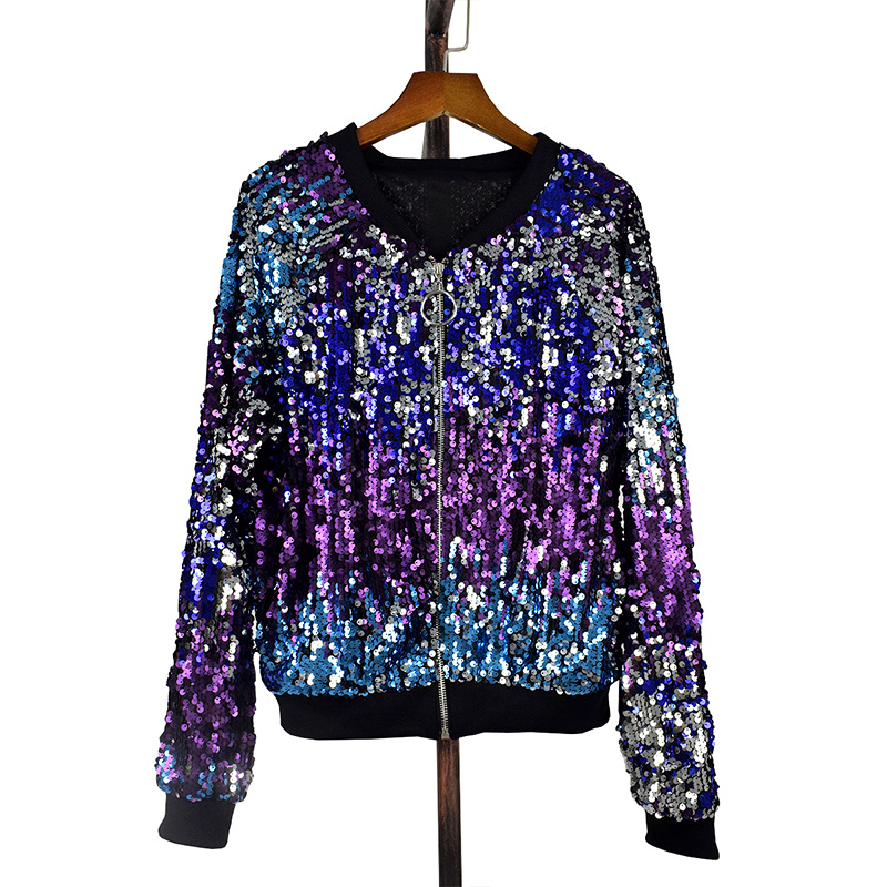 Ladies Autumn Sequin Bomber Jacket Casual Long Sleeve Front Zip Up Casual Coat with Ribbed Cuffs Party Festival Costumes 201017