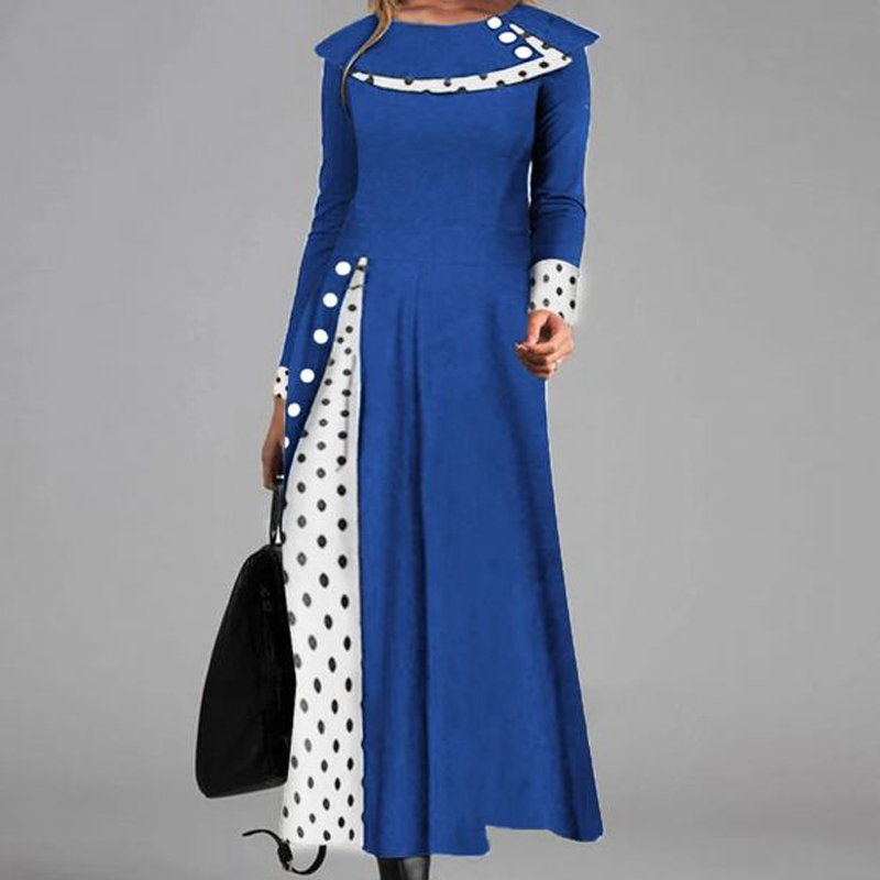 Vintage Maxi Dresses Sexy Double-layer Polka Dot Print Long Dress Women Autumn Buttoned Patchwork Party Dress Winter Long Sleeve 201125