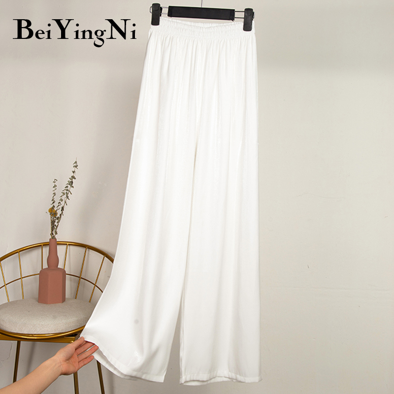 Beiyingni Silk Satin Trousers Women Bling Fashion Summer Plus Size Wide Leg Pants Ladies Loose Elastic High Waist Long Pant 201228