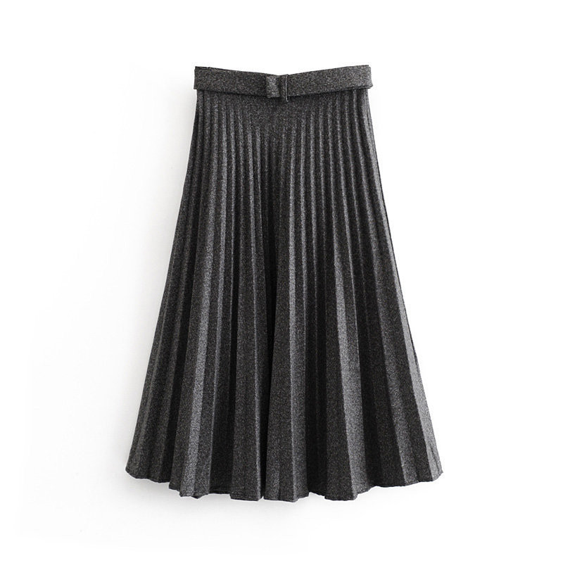 Women Pleated Skirt Autumn Winter High Waist Belt Solid Color Zipper Lady Skirts Elegant Female Saias Loose Mid-length Skirt T200113