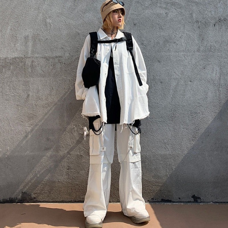 QWEEK Harajuku Goth White Cargo Pants Women Mall Goth Hippie Moda Punk Pants Loose Pants With Chain Baggy Oversize Korean Style 201228