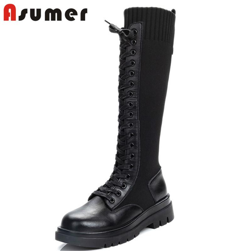 Asumer hot sale genuine leather stretch long boots women low heel casual shoes cross tied autumn winter knee high boots woman, Black
Asumer hot sale genuine leather stretch long boots women low heel casual shoes cross tied autumn winter knee high boots woman, Black