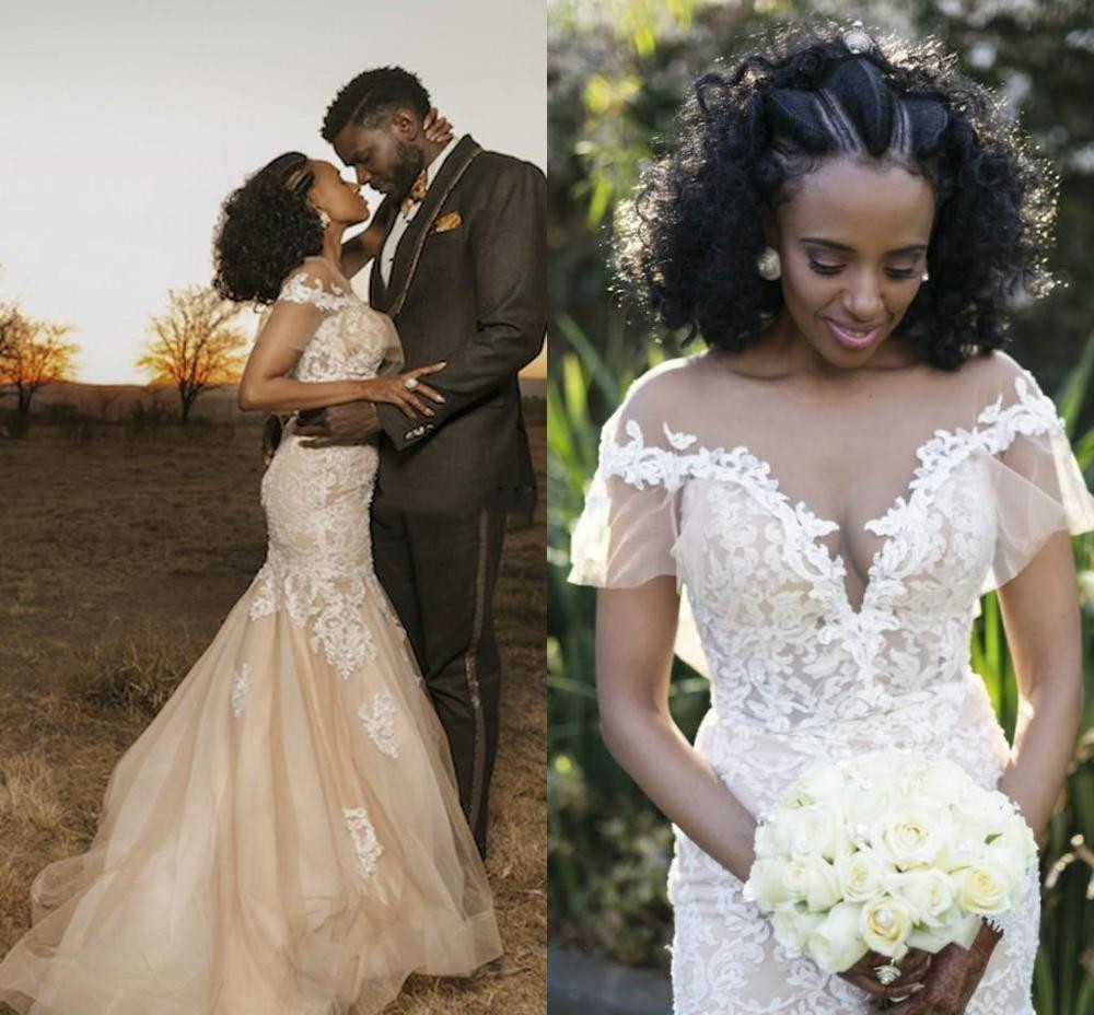 Vintage Champagne Mermaid Wedding Dresses 2022 Sheer Jewel Neck Sweep Train Country Wedding Dress Appliques Lace Garden Beach Bridal Gowns