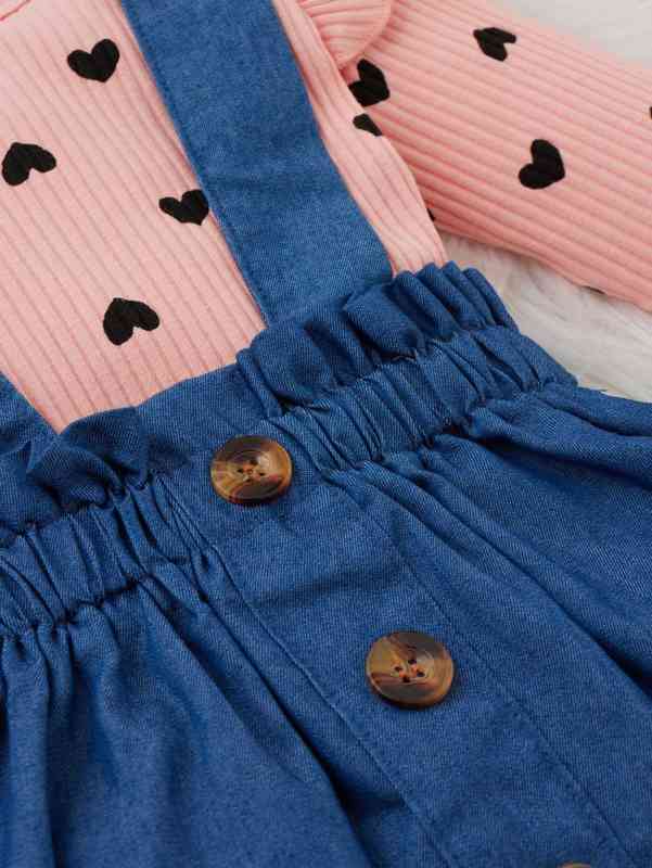 Baby Heart Print Ruffle Trim Top & Suspender Skirt SHE