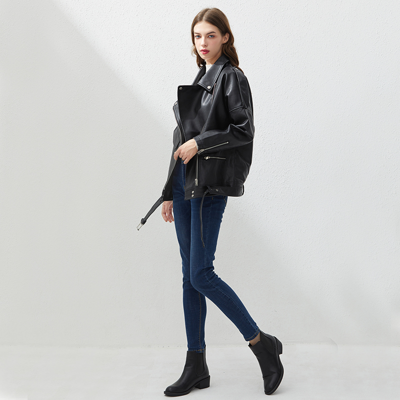 Fitaylor PU Faux Leather Jacket Women Loose Sashes Casual Biker Jackets Outwear Female Tops BF Style Black Leather Jacket Coat 201226