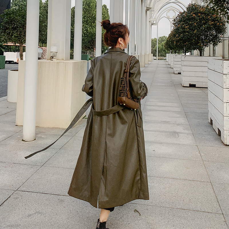 FORYUNSHES Winter Women's PU Windbreaker Notched Collar Fall New Fashion Belt Trench Coat Ladies Faux Leather Long Coats 201030