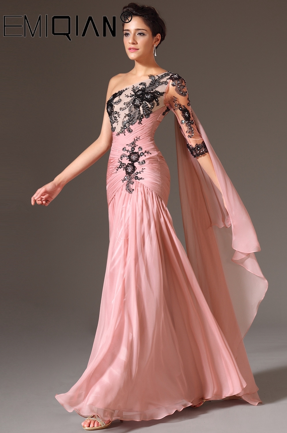 Black Lace Applique Long Formal Evening Party GownsOne Shoulder Evening GownsPink Chiffon Mermaid Evening Dresses T200604