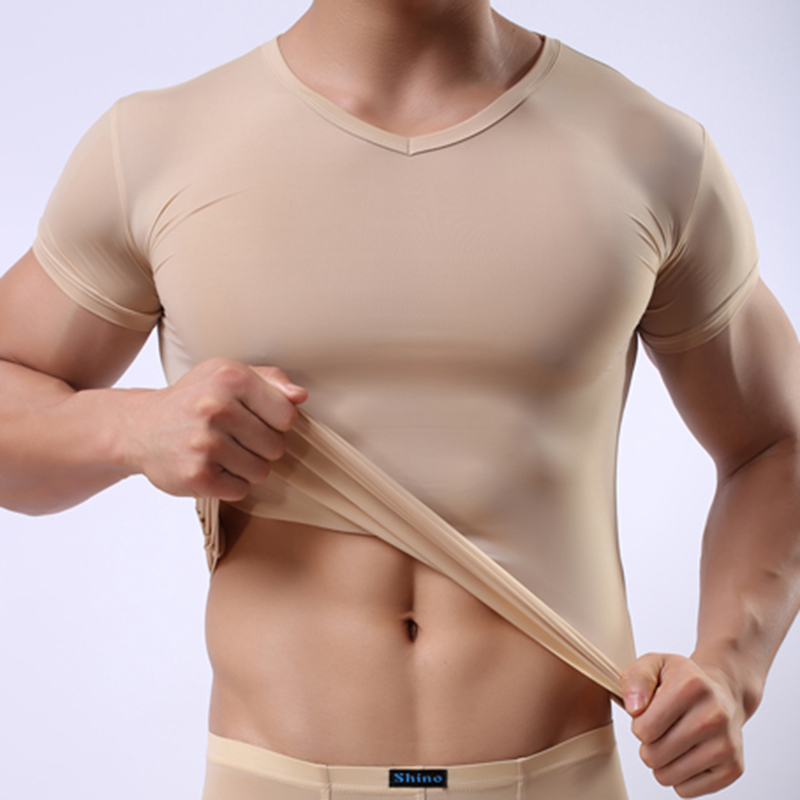 Men's Skinny Undershirt/Man Ice Silk Sheer Short Sleeves Basic Shirts/Gay Mesh Breathable V-neck See Through Underwear 201009