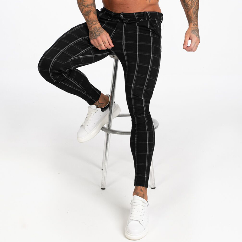 GINGTTO Men's Chinos Pants Skinny Fit Elastic Waist Black Plaid Autumn Stretchy Chinos Pants Men Size 28-36 EU Size Slim Leg 201128