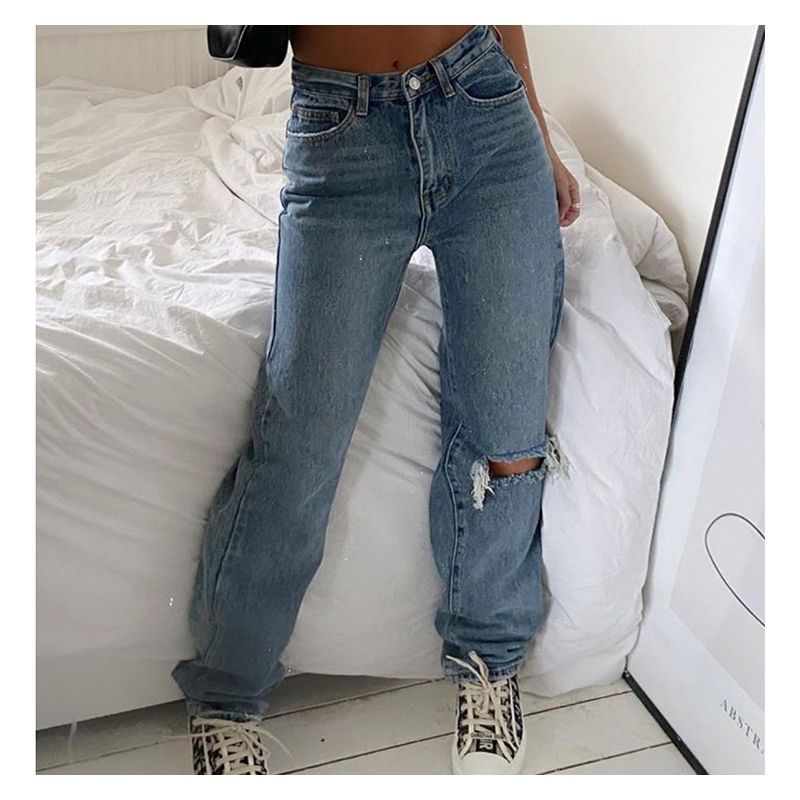 Ripped For Cargo Pants Women Mom Jean High Waist Fashion Holes Thin Women's Baggy Jeans Long Denim Trousers 201105
