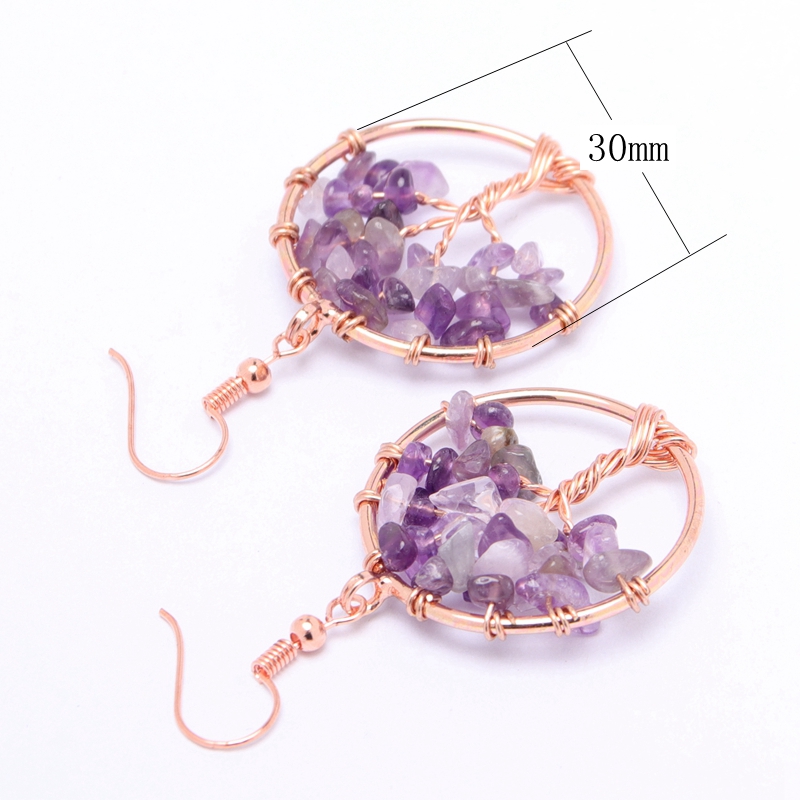 Hand-woven Tree of life Dangle Earrings Copper Wire Wrapped Natural Stone Round Wish-tree Rose Gold Charm Women Earring Reiki Healing Crystal DIY Jewe