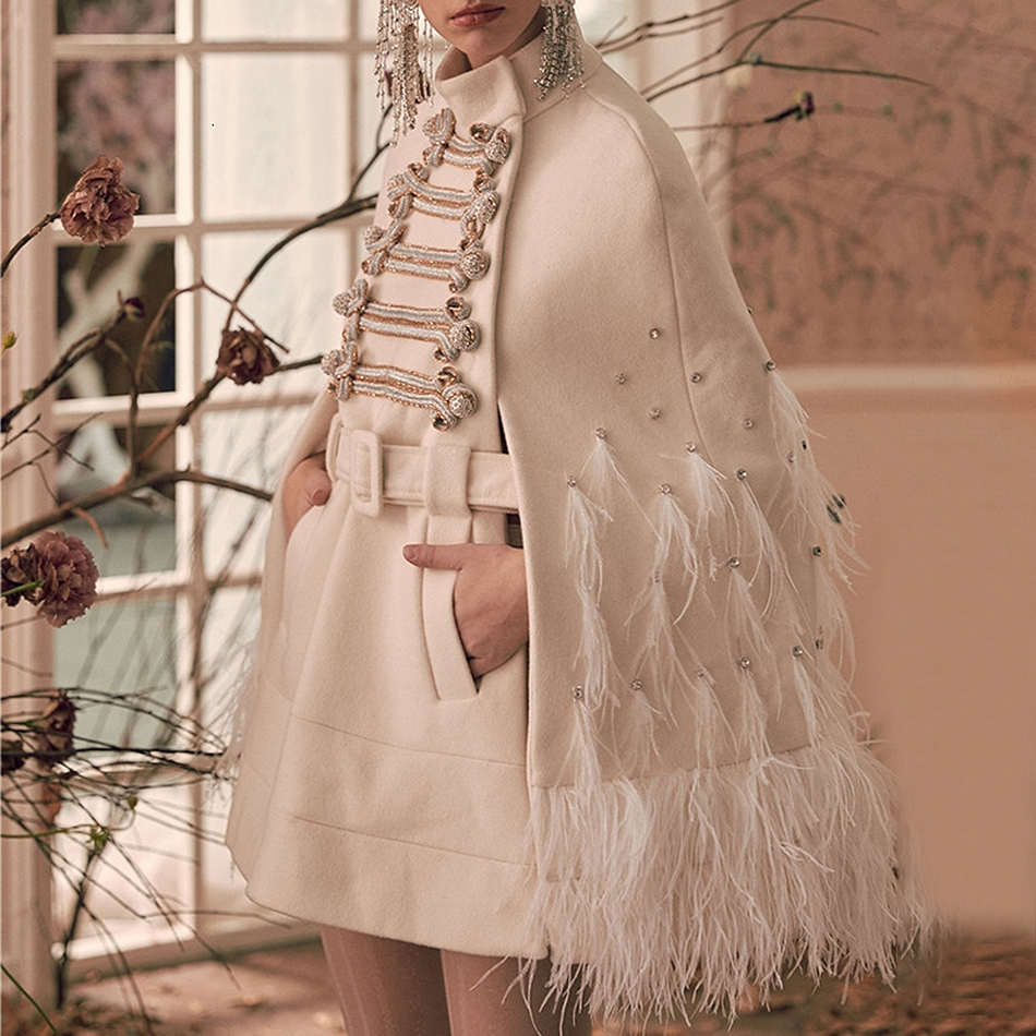 EWQ Feather Diamond Belt White Jacket Winter Stitching Coats Female High Collar Sexy Bodycon Cloak Style Overcoat 201029