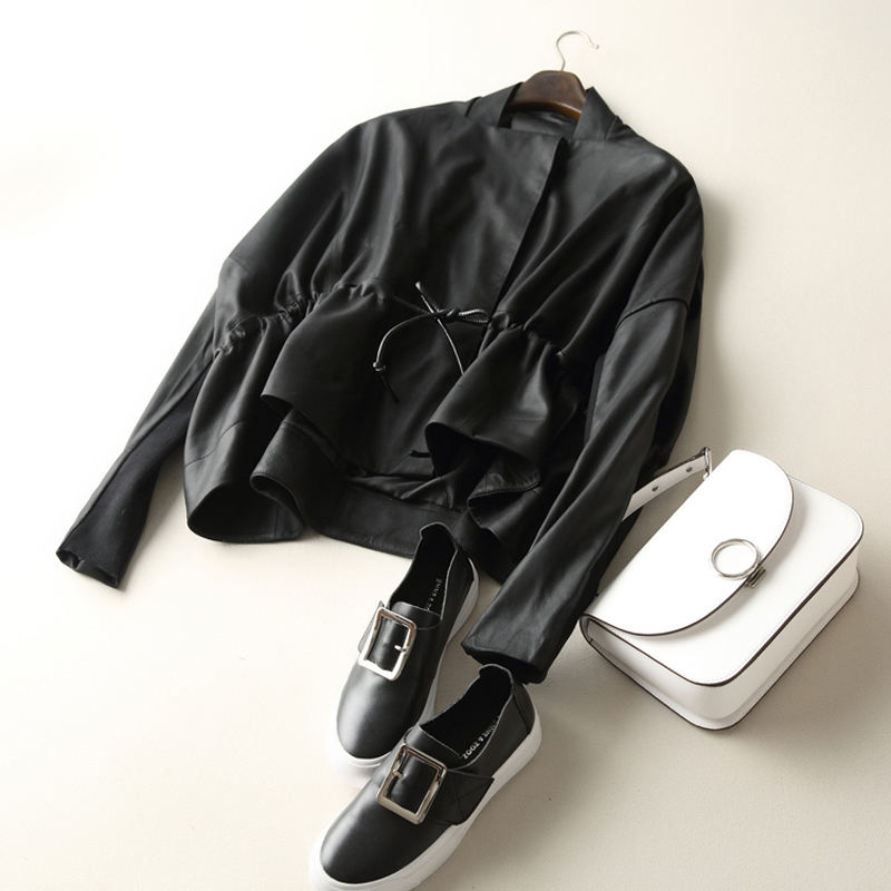 Women's Clothing Great Texture Women Loose Casual Genuine Leather Jacket Female Imported Frosted Sheepskin Drawstring Waist Coat 201030