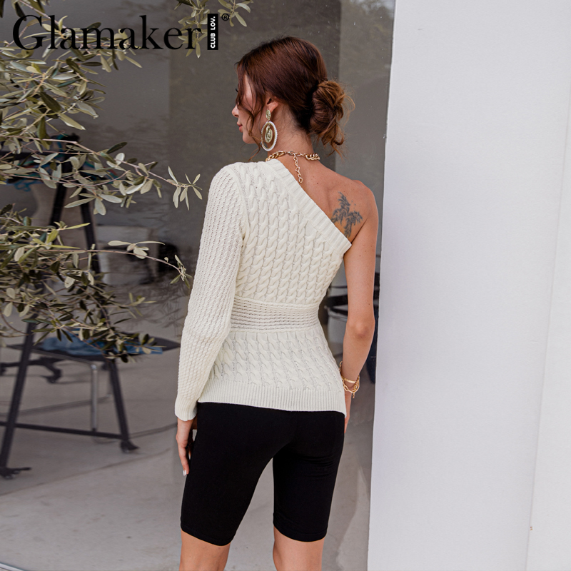 Glamaker One shoulder white knitted sweater women autumn bodycon sexy pullover streetwear fashion winter warm ladies sweater 201017