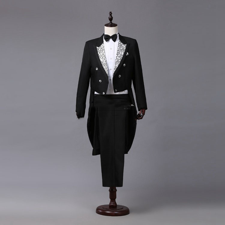 Men White Black Red Jacquard Lapel Tail Coat Stage Singer Costume Homme Wedding Groom Prom Tuxedo Suits Men Suit JacketPants 201128