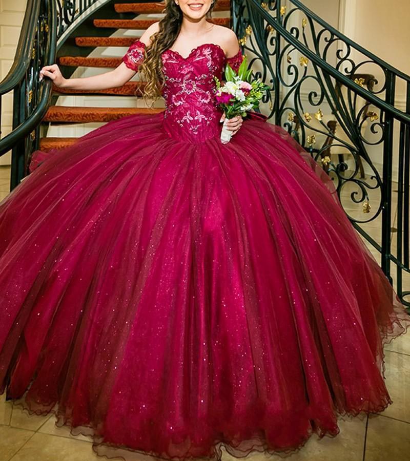 Burgundy Quinceanera Dresses Ball Gown Girls Vestido 15 anos azul Off Shoulder Appliques Sequined Long Sweet 16 Prom Dress