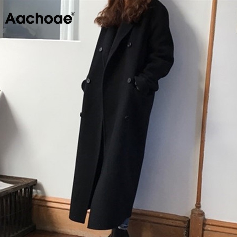 Aachoae Casual Black And Khaki Coat Women Long Sleeve Office Wear Elegant Long Coats Double Breasted Wide Waisted Pocket Coat 201027