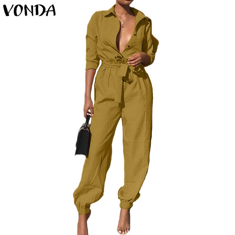 Women's Jumpsuits & Rompers VONDA Party Womens Sexy Overalls 2021 Autumn Casual Pants Vintage Deep V Neck Long Sleeve Playsuits Plus Size