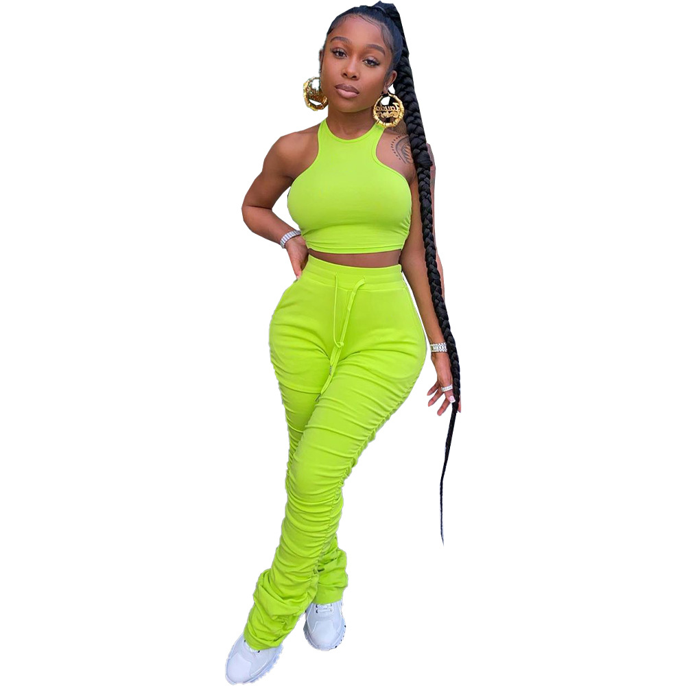 Spot Pants European American spring and summer casual solid color tight vest pleated suit two-piece