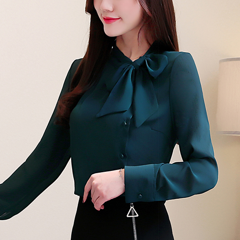 Autumn Blouse Women Bow Women's Clothing Long-sleeved Chiffon Blouse White Solid Purple Women Tops Blusas Shirts D304 30 201028