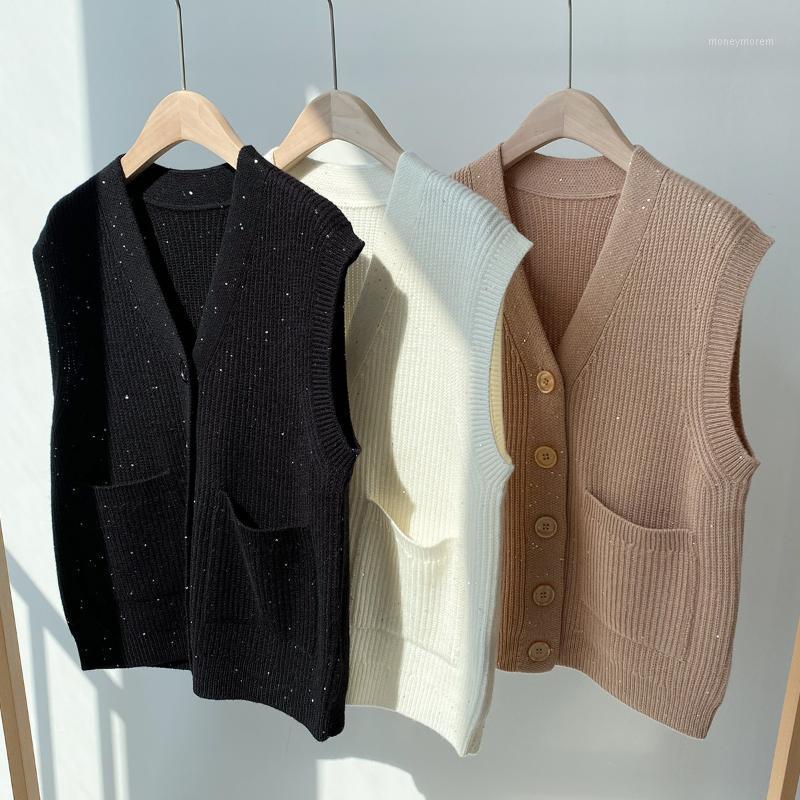 Women Sweater 2020 New V-neck Sequin Stitching Double Pocket Vest Vest Women Knitted Loose Autumn Sweater1, Black
Women Sweater 2020 New V-neck Sequin Stitching Double Pocket Vest Vest Women Knitted Loose Autumn Sweater1, Black