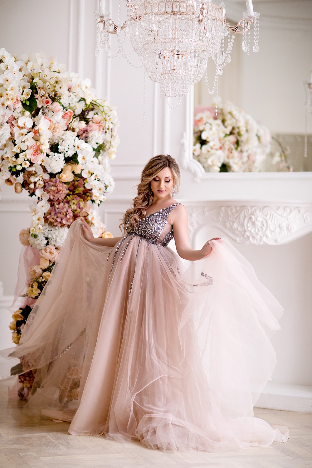 Maternity Dresses For Photo Shoot Pregnant Women Photography Props Custom Made Tulle with Sequins Weddiing Party Sleepwear