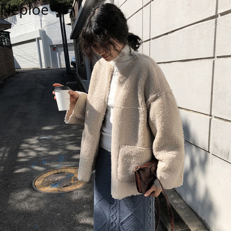Neploe Wear on Both Sides Thicked Lamb Wool Coat Women Autumn Winter Korean Loose Patchwork Solid Jacket Simple 201029