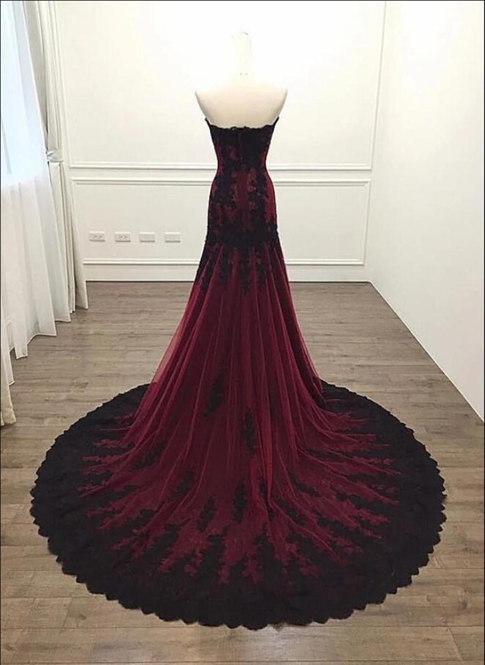 2022 Vintage Black and Burgundy Red Gothic Wedding Dress Mermaid Sweetheart Lace Tulle Victorian Bridal Gowns Plus Size Corset Bride Dresses