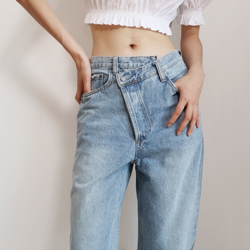 Women Asymmetric Fly Jeans With Button Closure Split Waist Straight Leg Jeans 201109