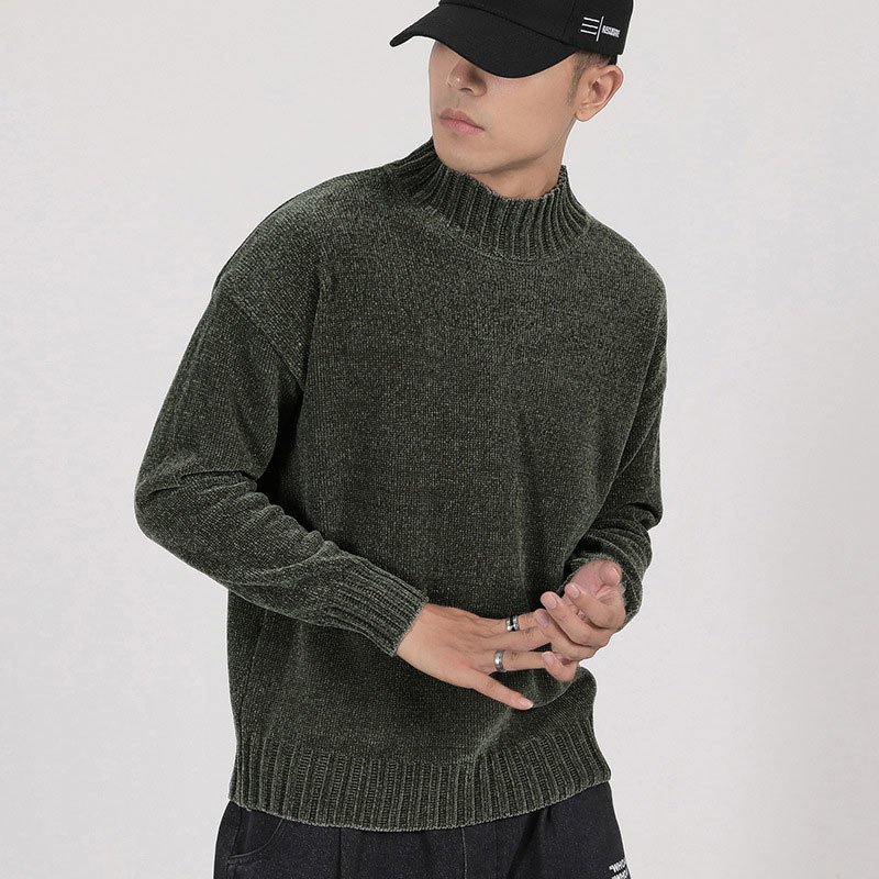 Fashion Half Turtleneck Sweater Men Solid Loose Casual Streetwear Pullover Japanese Male Clothing Autumn Chenille Knitted Tops 201203