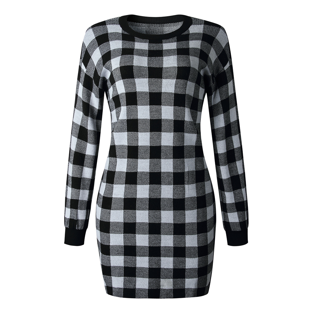 Sweater Dress Women Autumn Winter Elegant Office Plaid Long Sleeve Knit Clothes Slim Fit Black Ladies Dresses New Arrival 201125
