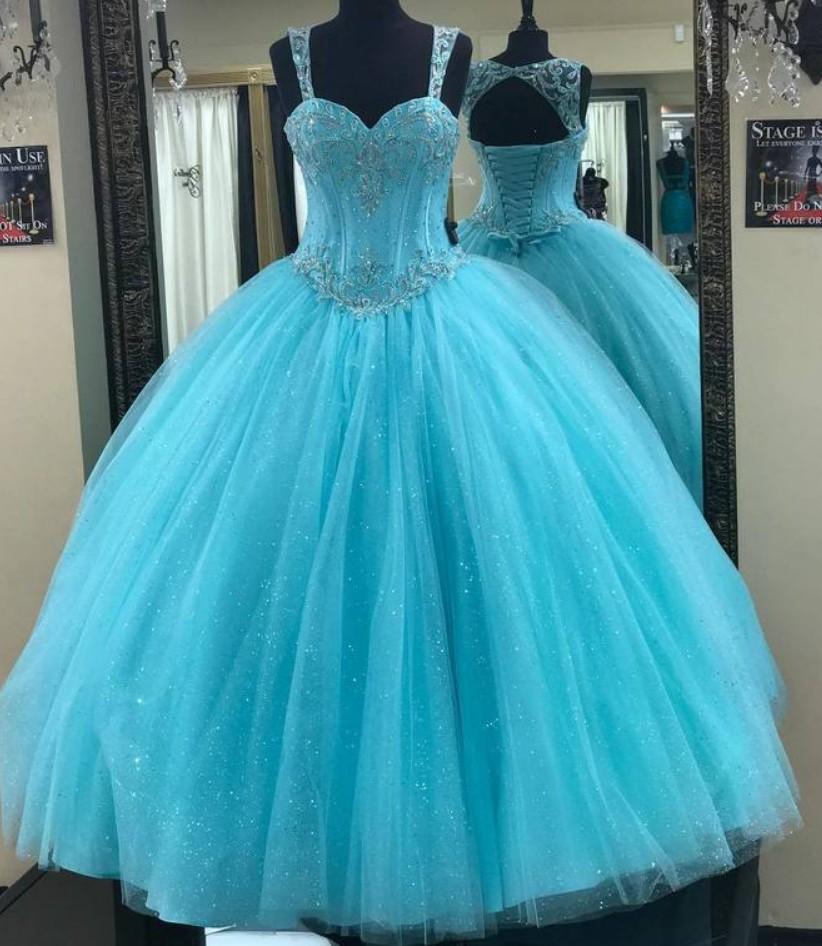 2021 Glitz Sequins Aqua Blue Quinceanera Prom dresses Ball Gown Keyhole Back Corset Crystal Beaded Tulle Sweet 15 Cheap Party Formal Dress