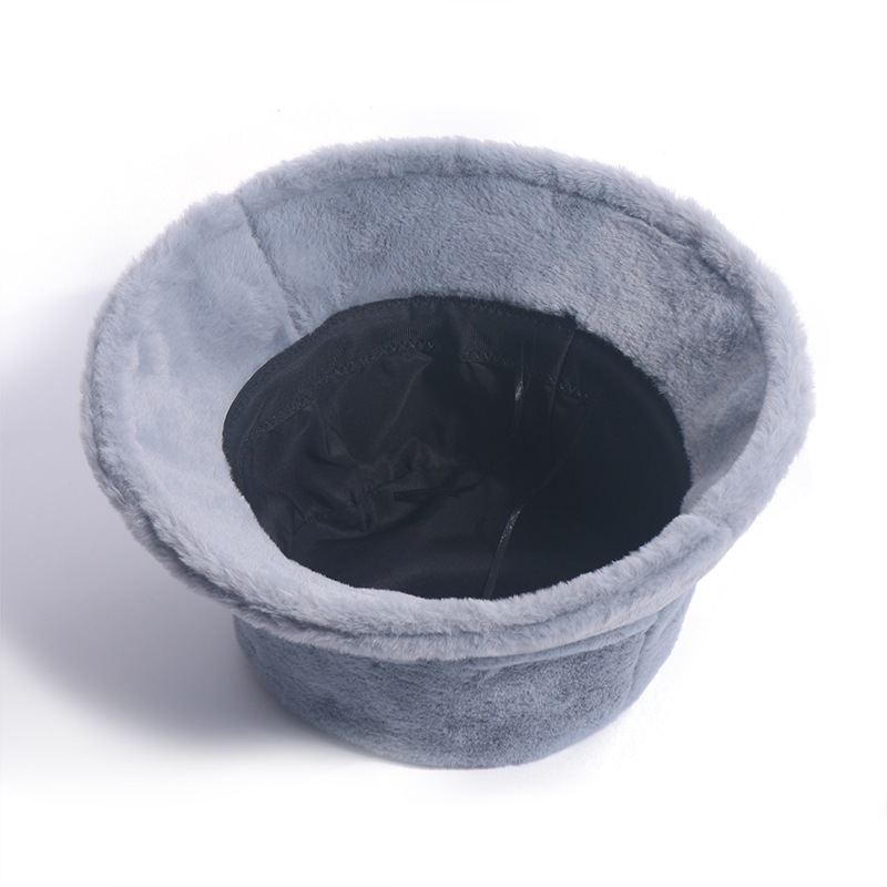 Winter Outdoor Vacation Lady Panama Black Solid Thickened Soft Warm Fishing Cap Faux Fur Rabbit Bucket Hat For Women