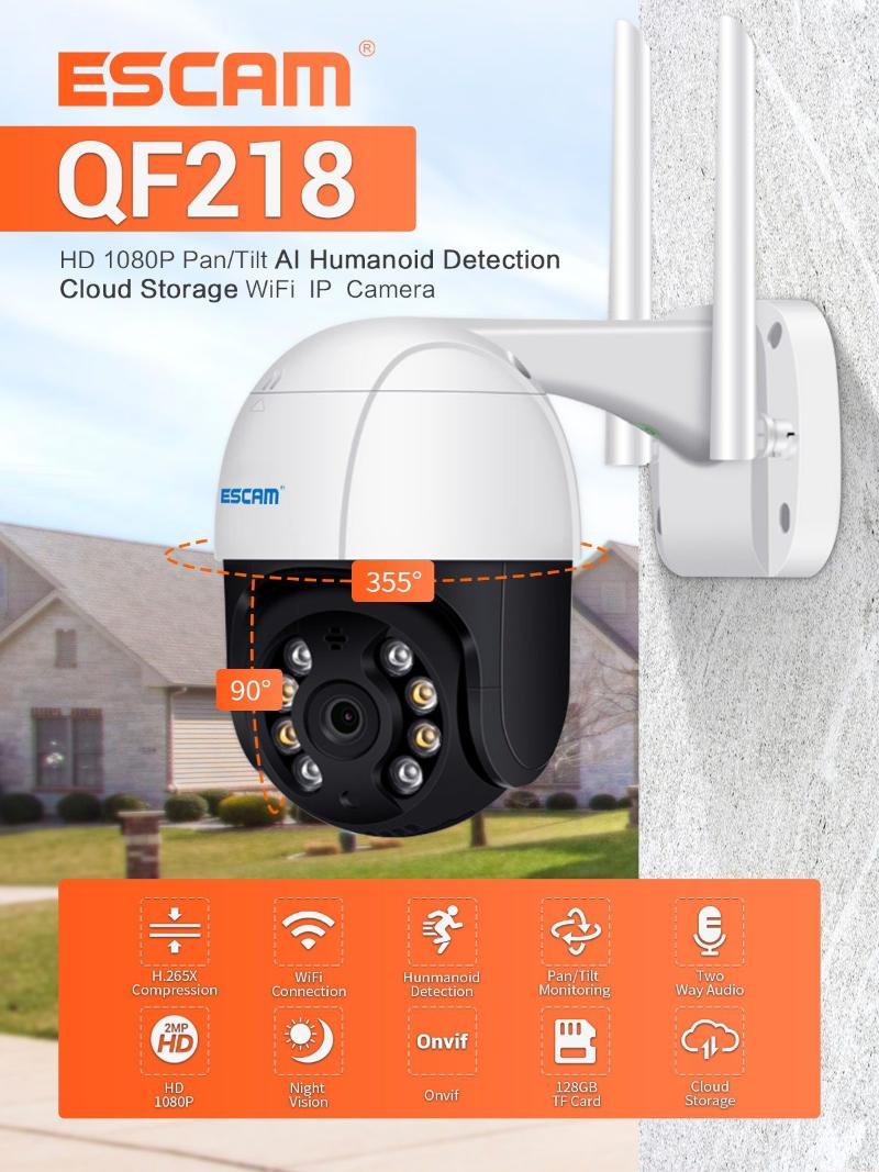 ESCAM QF218 WiFi IP Camera 1080P Pan/Tilt Surveillance Camera AI Humanoid detection Cloud Storage Waterproof with Two Way Audio
ESCAM QF218 WiFi IP Camera 1080P Pan/Tilt Surveillance Camera AI Humanoid detection Cloud Storage Waterproof with Two Way Audio