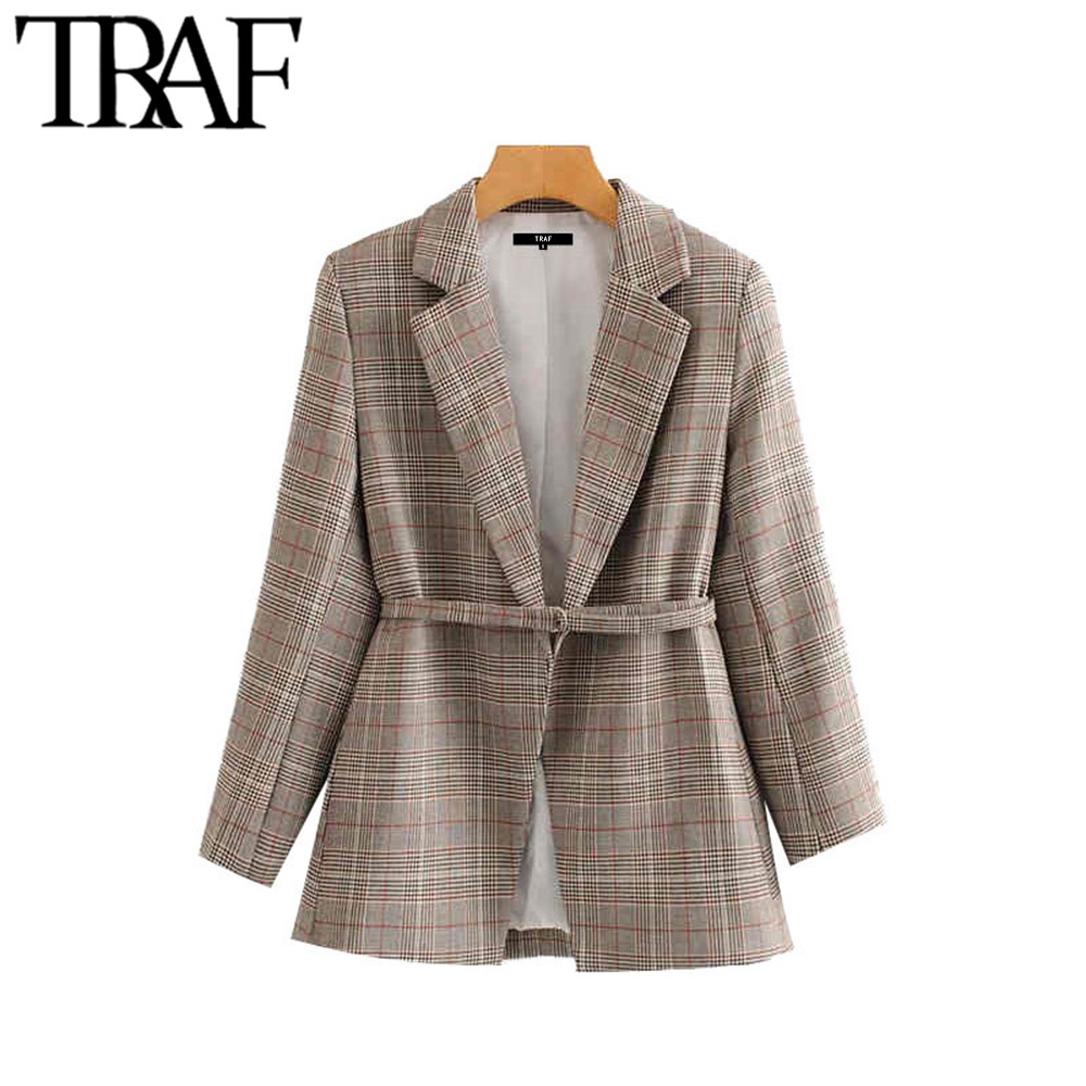 TRAF Women Vintage Stylish Office Wear Plaid Blazer Coat Fashion Long Sleeve With Belt Female Outerwear Chic Tops 201114
