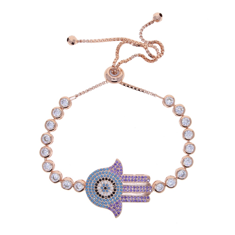 New Rose Gold Color Blue Purple CZ paved Turquoises Stone Adjust Tennis chain bracelet for women Lucky Hamsa Hand Bracelet Wholesale