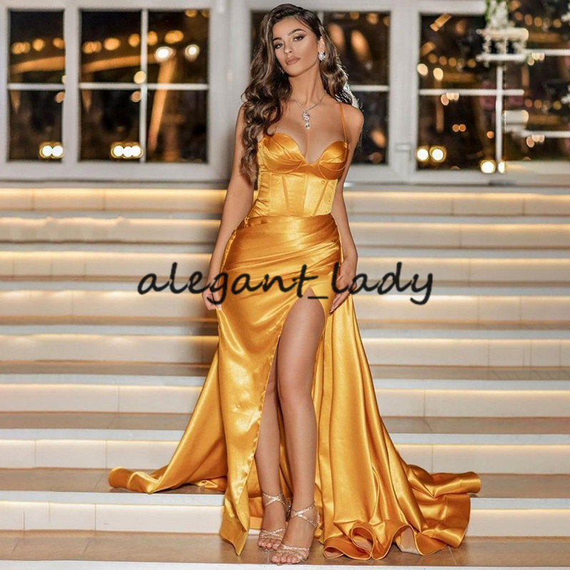 2021 Gold Sweetheart Prom Dresses Satin Long Evening Gown mermaid Sexy High Split Dubai Party Dress Formal Gowns Abendkleider