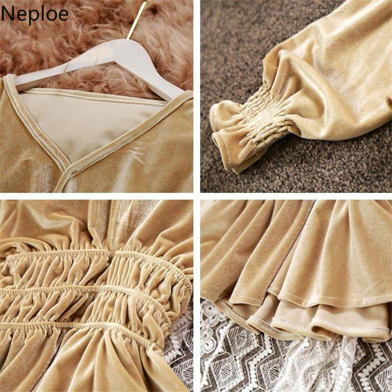 Neploe V-neck Ruffles Blouses Women Tops Long Sleeve Female Shirt Solid Color Korean Clothes Lantern Sleeve Elegant Blusas T200321