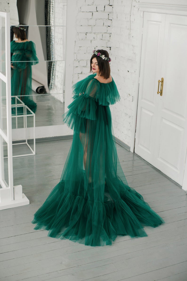 Dark Green Tulle Ladies Ruffles Bathrobe Sleepwear Bridal Long Nightgowns Women Birthday Party Wedding Gowns Shower Robes