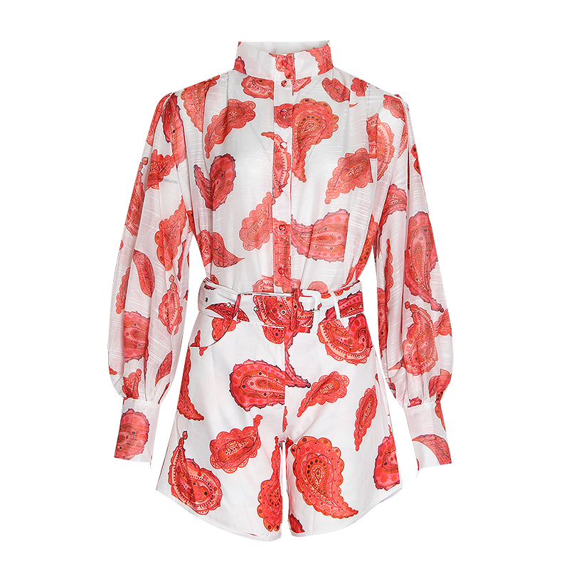 Fashion Women Clothes Red Print 2 Piece Sets Long Sleeve Stand Collar Blouse and Shorts with Sash Cottom Linen T200716