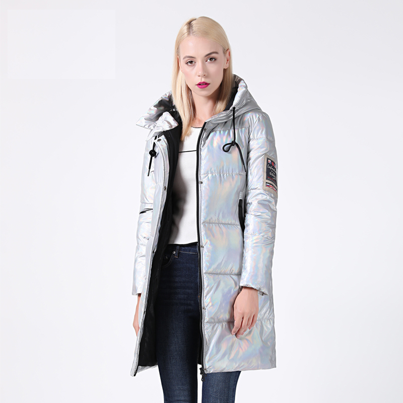 Winter Jacket Women Silver Holographic Glitter Plus Size Long Womens Winter Coat Hooded Thick Down Jacket Parka 201027