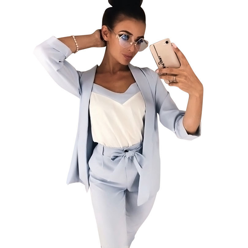 MVGIRLRU Women's Costume V Neck Lace Up Waisted Slim Bracelet Sleeve Blazer with Strap Vest & Trouser Set Female Pant Suits 201119