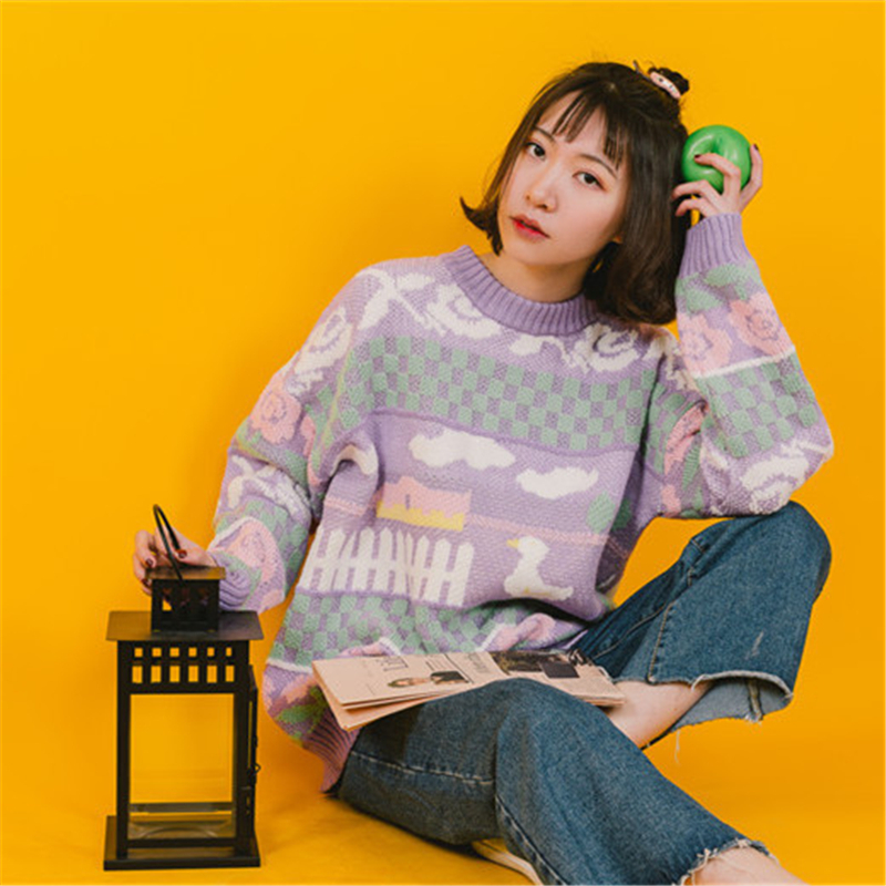 MERRY PRETTY Cartoon Duck Embroidery Knitted Sweaters Winter Thick Warm Harajuku Jacquard Sweater Women Femmf Knit Pullover 201130