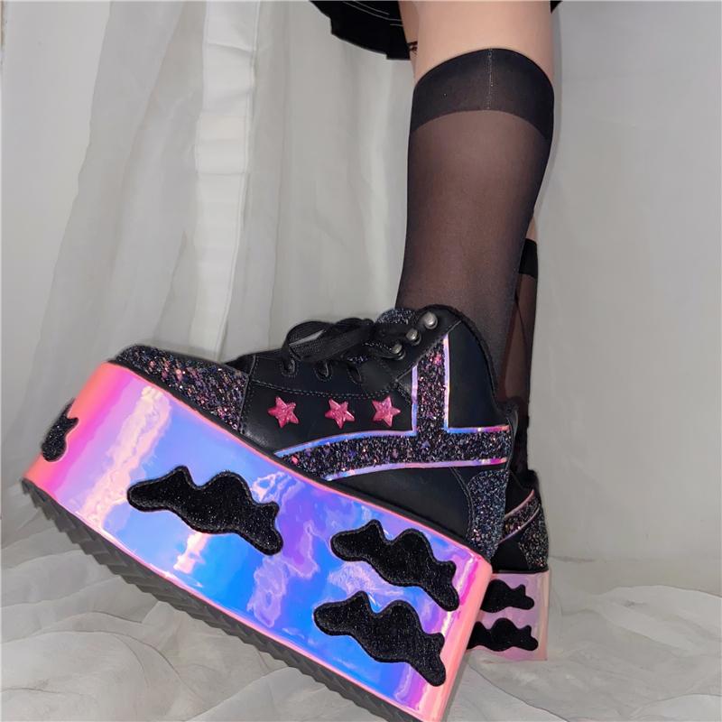 Flat Platform Women Cloud Shoes Bling High Heels Wedges Lace-up Casual Shoes Crystal Woman Leather Ankle Boots High Top Sneakers, Black
Flat Platform Women Cloud Shoes Bling High Heels Wedges Lace-up Casual Shoes Crystal Woman Leather Ankle Boots High Top Sneakers, Black
